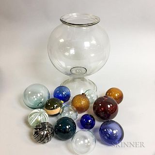 Colorless Blown Glass Fishbowl and Thirteen Colored Glass Balls