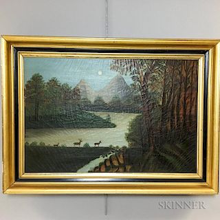American School, 19th Century  Landscape with Deer and Lake.