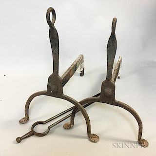 Two Wrought Iron Andirons and Tongs