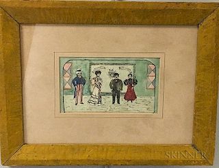 Framed Folk Art Watercolor Scene with Uncle Sam and Aunt Columbia