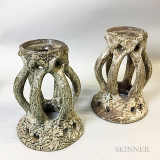 Pair of Faux Bois Pottery Candlesticks