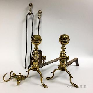Pair of Brass Belted Ball-top Andirons, a Pair of Jamb Hooks, a Shovel, and a Pair of Tongs.  Estimate $200-300