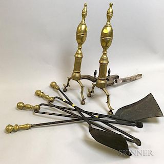 Pair of Brass Double Lemon-top Andirons and Two Sets of Ball-top Tools