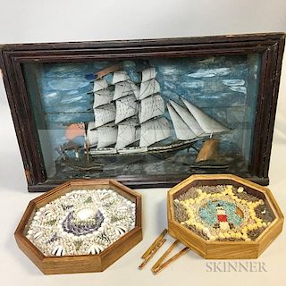 Diorama of a Ship and Two Framed Sailor's Valentines