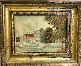 Framed Watercolor and Needlework Picture of an Estate