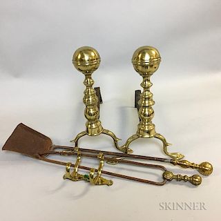 Pair of Belted Ball-top Andirons, a Pair of Jamb Hooks, a Shovel, and a Pair of Tongs.  Estimate $200-300