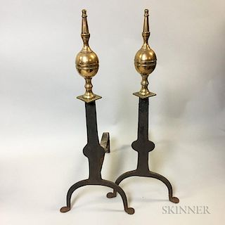 Pair of Wrought Iron and Brass Steeple-top Andirons