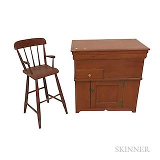 Country Red-painted Pine Commode and High Chair