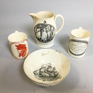 Two Creamware Transfer-decorated Ceramic Mugs, a Jug, and a Bowl