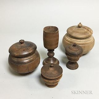 Four Turned Wood Treen Boxes and a Cup