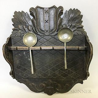 Floral-carved Oak Hanging Spoon Rack and Two Pewter Spoons