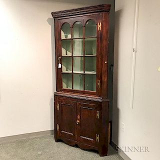 Federal Two-part Glazed and Stained Pine Corner Cabinet