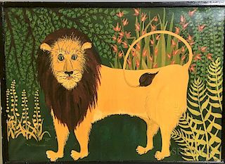 Framed Contemporary Naive Portrait of a Lion