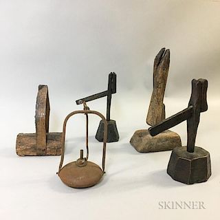 Four Primitive Wood Lighting Devices and an Iron Oil Lamp