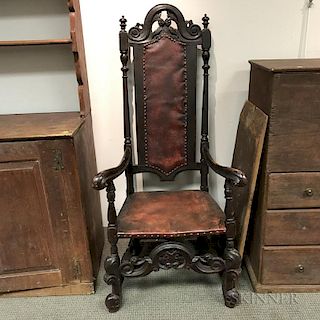 Jacobean-style Brown-painted and Leather-upholstered Armchair