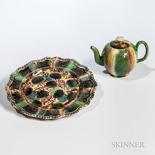 Whieldon-type Lead-glazed Ceramic Teapot, Cover, and Plate
