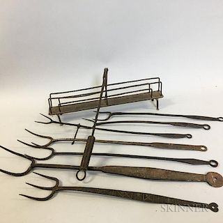 Seven Wrought Iron Hearth Forks and a Toaster