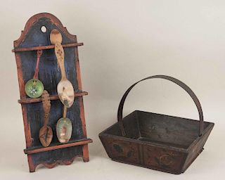 Painted Wood Spoon Rack and Basket