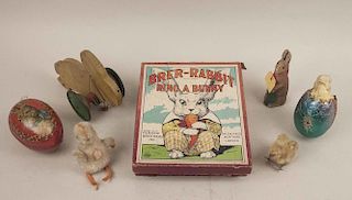 Assorted Vintage Rabbit Toys and Stiff Duckling