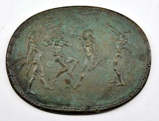 Patinated bronze medallion, nude figures frolicking
