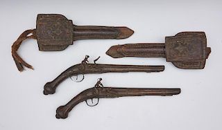 Pair of 18th c Turkish flintlock pistols with holsters