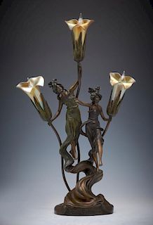 "La Danse Des Nymphes" bronze lamp with art glass shades