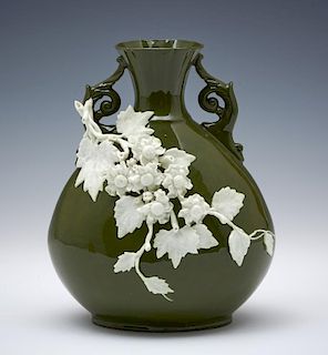 Lotus Ware, KTK, olive green Umbrian vase with white flowers