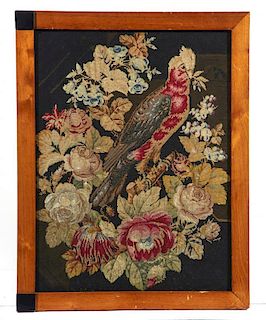 19th c Needlepoint work, parrot and flowers, framed 32" x 25"