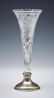 Cut crystal trumpet vase with sterling silver base, 11 3/4"