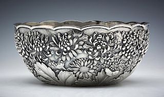 Japanese Sanju-Saku silver double walled peony center piece bowl
