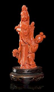 A Chinese Carved Coral Figural Group, Height 5 1/2 inches.