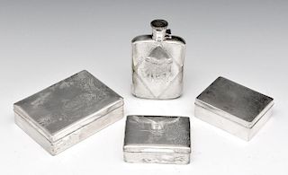 Grouping of three silver cigarette boxes, one hip flask