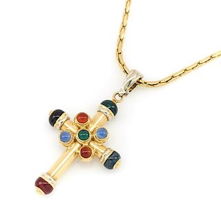 14k Yellow gold and gemstone cross on chain