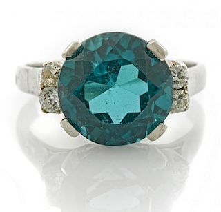 Platinum, blue zircon and diamond ring