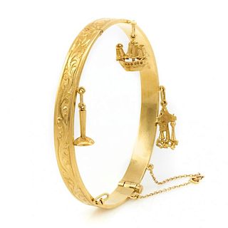 22k Yellow gold engraved bangle bracelet with charms