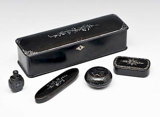 Grouping of four English black lacquer boxes