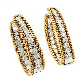 18k Yellow and white gold hinged diamond hoop earrings