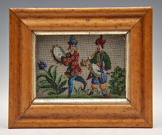 19th c Beaded Chinoiserie picture, musicians, 4" x 6"
