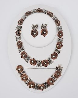 Los Castillo sterling silver & copper necklace, bracelet, and earring parure