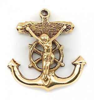 18k Yellow gold mariner's anchor cross crucifix pendant