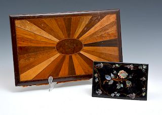 Sheraton multiwood folding desk blotter and Victorian folio