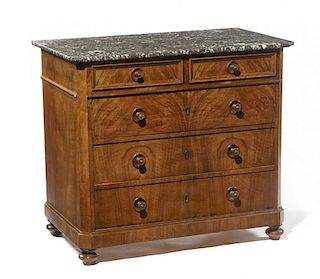 English walnut marble topped chest of drawers