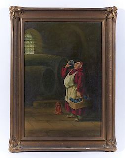 Richard Detreville, Monk in Wine Cellar, oil on canvas board