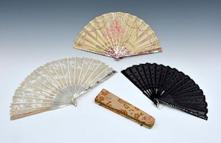 Lot of three fans, decorated silk and lace