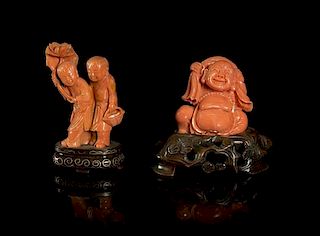 Two Chinese Carved Coral Figural Compositions, Height of taller 2 7/8 inches.