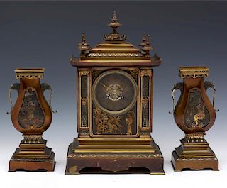 French Achille Brocot bronze three pc japanesque clock set