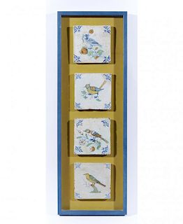 Four 17th/18th c Delft bird tiles in shadowbox frame