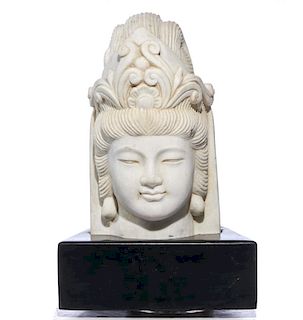 Asian white marble Quan Yin head on stand, 17" t