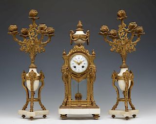 3 Pc French gilt bronze and marble clock and garniture set