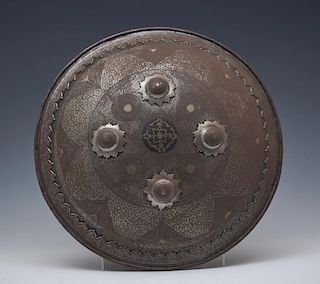 Middle Eastern sipar bronze shield, etched and gilt detail